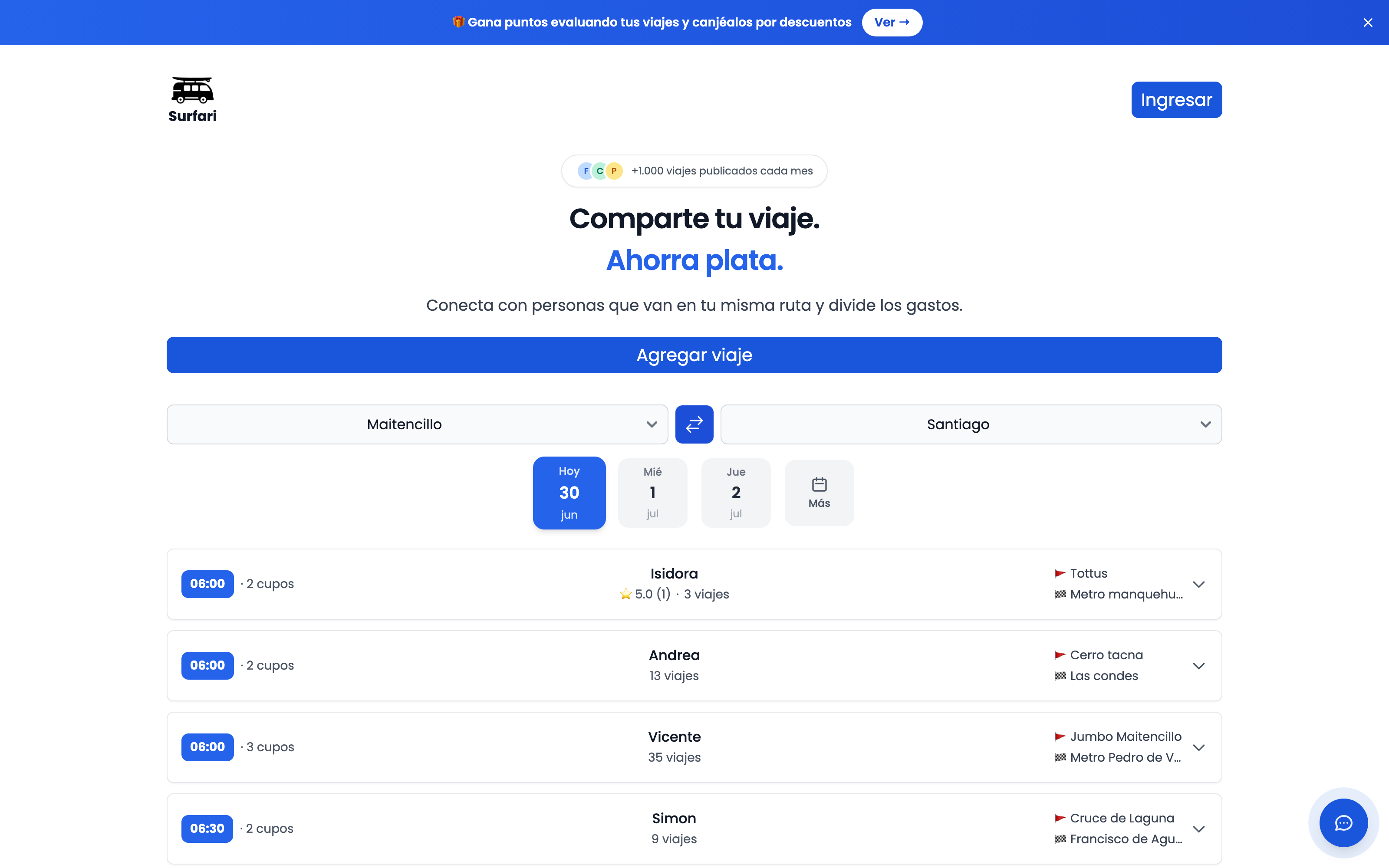 Surfari.cl — carpooling network, live app